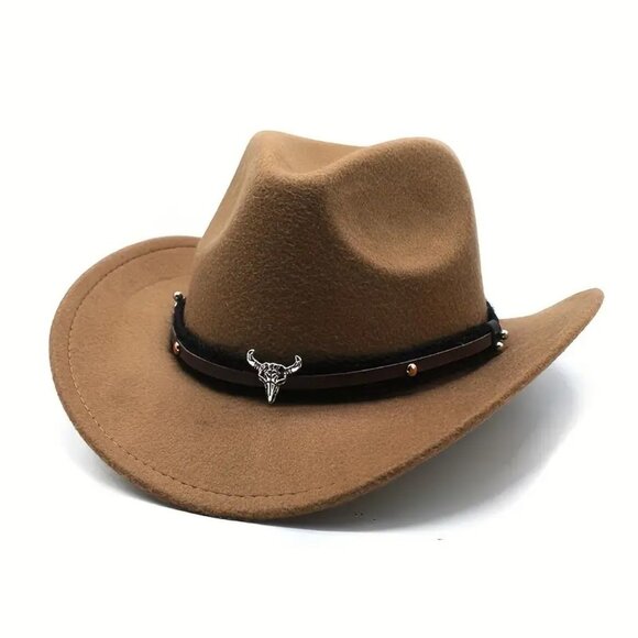 Light Brown Western Cowboy Hat Cowboy Cowgirl Rodeo Style with Bull Skull Accent - Picture 2 of 9